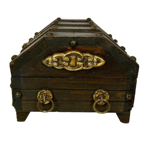 Vintage Wooden Treasure Chest Jewelry Box Hinged Lid Metal Accents Mexico - Picture 2 of 8